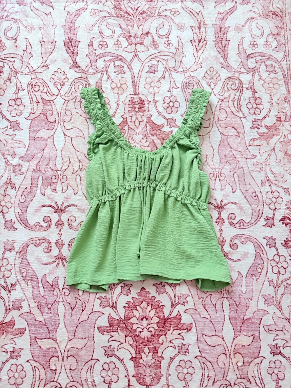 Velvet Light Green Shirred Tank with Ruffle Straps